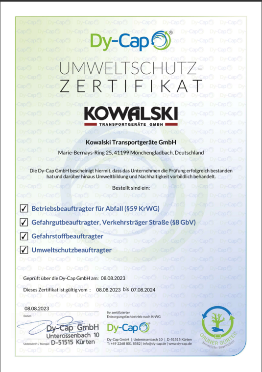 Dy-Cap. Umweltschutzzertifikat - Kowalski